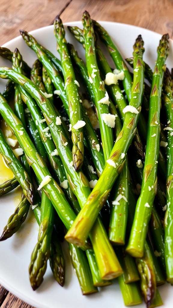 A vibrant plate of roasted asparagus with garlic and Parmesan on a rustic wooden table.